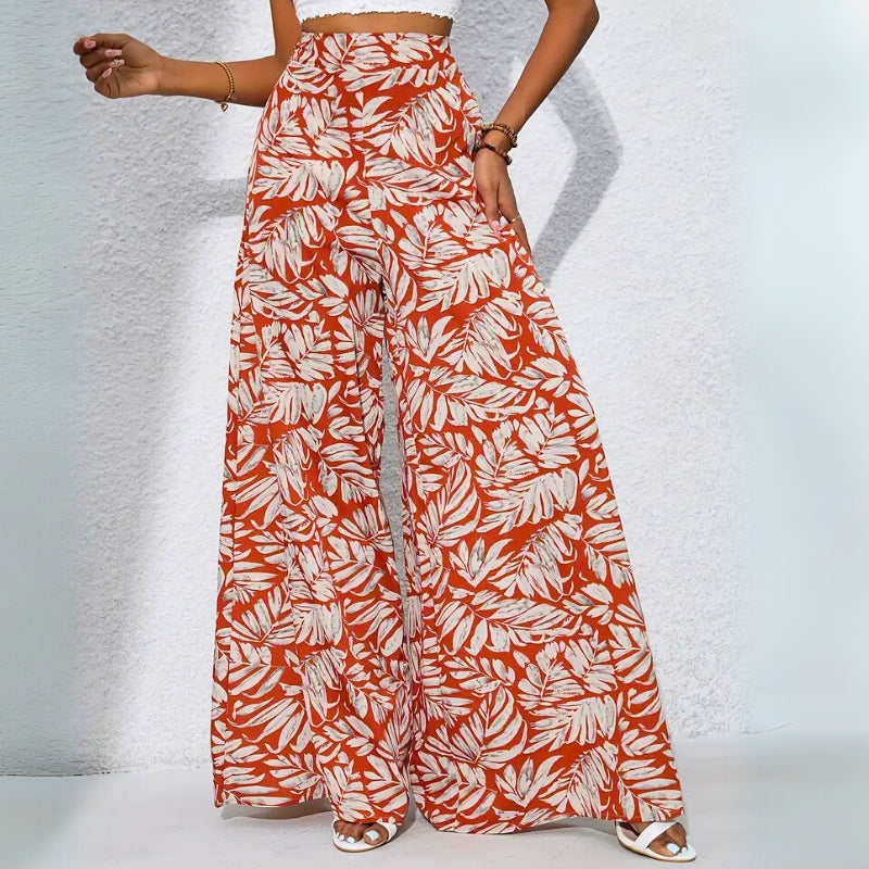 Pantalon Tropical Taille Haute Oraya Imprimé Palmier Coton Doux Lavé Au Soleil Avec Poches Latérales