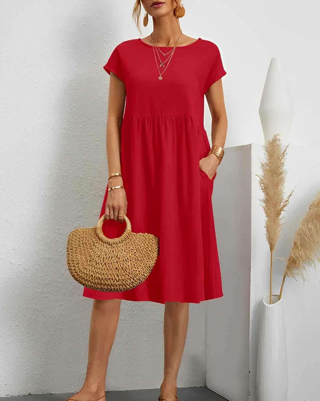 Robe Midi Femme Décontractée Avec Manches Courtes Encolure Ronde Et Poches Pratiques Amawinc