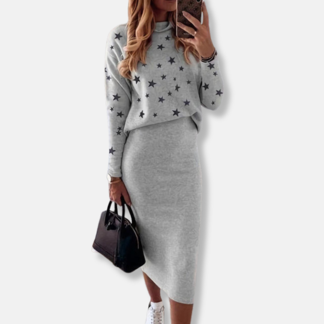 Ensemble Deux Pièces Femme Haut Tricot Col Haut Motif Étoile Jupe Midi Coupe Slim Fit Par Nordisk Flair Collection