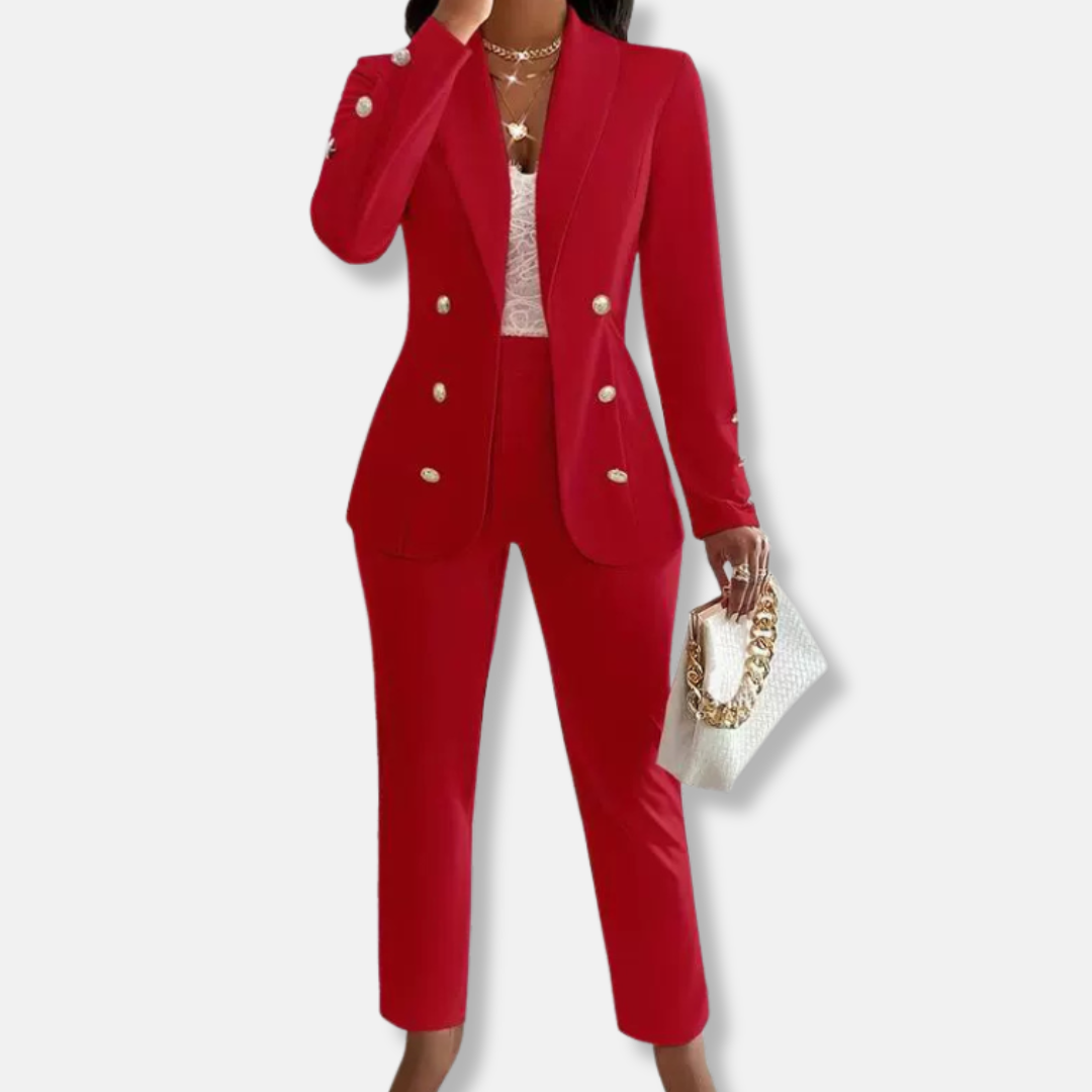 Ensemble Deux Pièces Femme Blazer Slim Fit Double Boutonnage Col Châle Pantalon Jambes Droites