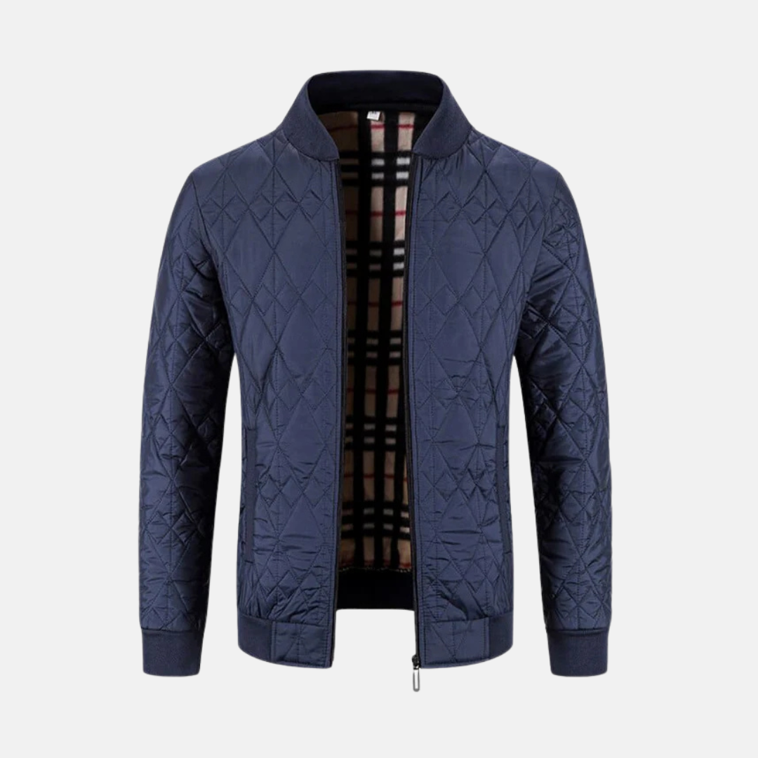 Veste Homme Tissée Zip Complet Motif Diamant Matelassé Col À Côtes Bomber Style Chic Décontracté