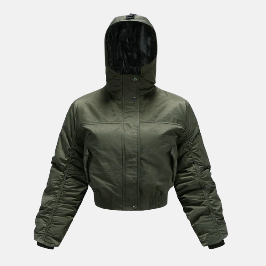 Manteau Puffer Court Pour Femmes Capuche Poignets Côtelés Poche Sur Manche Modèle Cropped Nordisk Flair