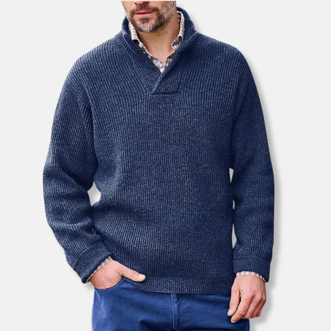 Pull Homme En Mélange Coton À Col Montant Et Col En V Coupe Ample Manches Longues