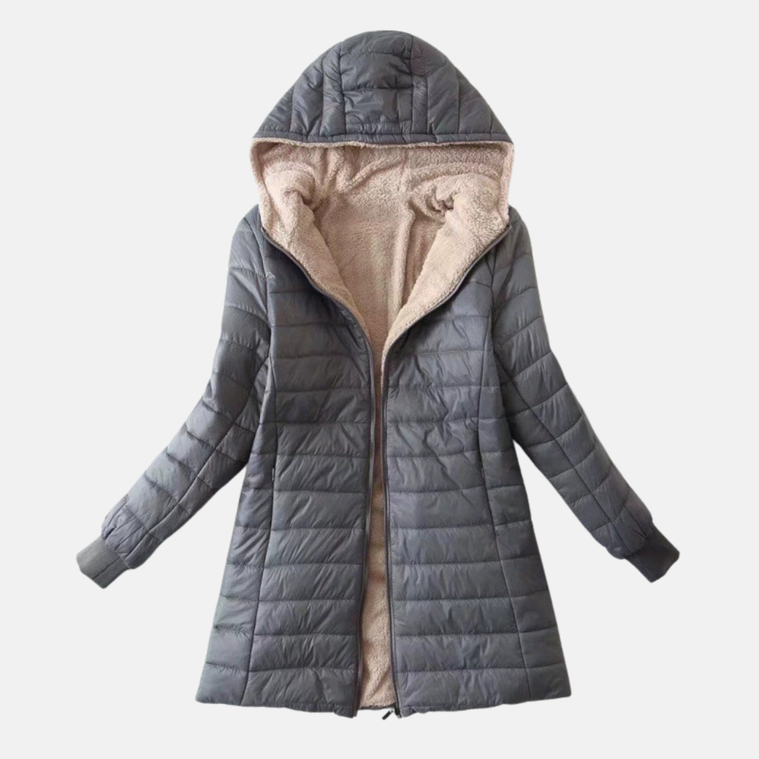 Doudoune Matelassée Pour Femmes À Capuche Mi Longue Avec Doublure Peluche Et Extérieur Quilté Coupe Regular