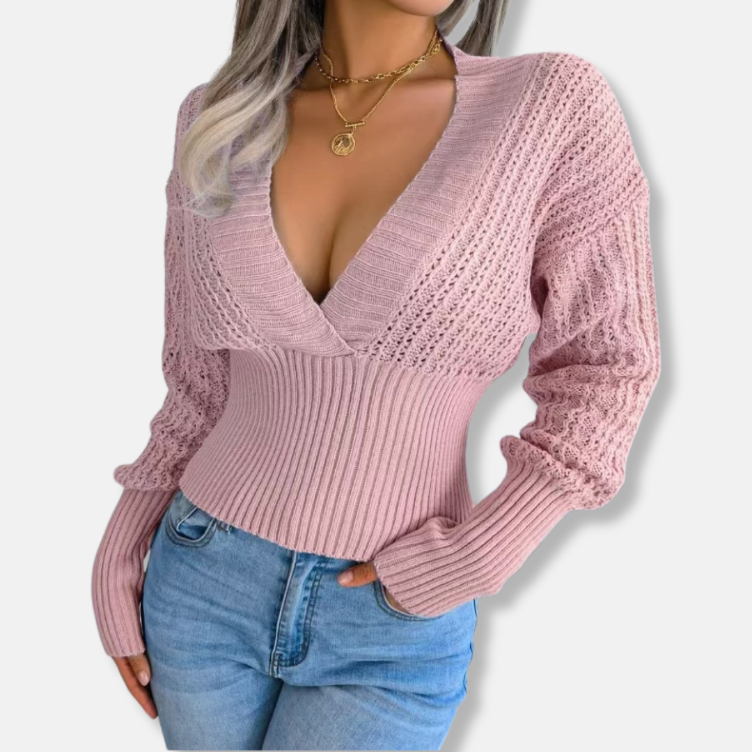 Top En Maille Femme Coupe Slim Décolleté En V Profond Taille Côtée Manches Ajourées