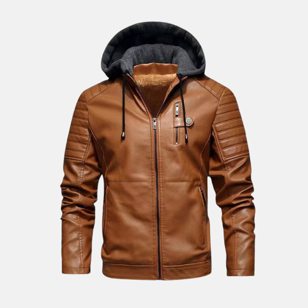 Veste Homme En Cuir Slim Fit Avec Capuche Doublure Peluche Épaules Matelassées Fermeture Éclair