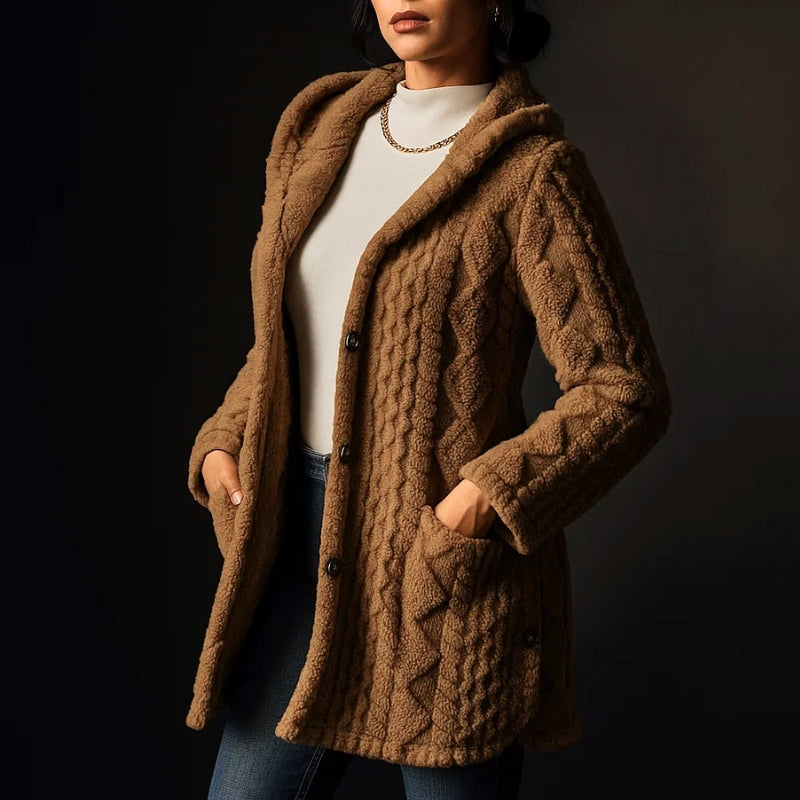 Manteau En Peluche Jacquard Via Nova Avec Capuche Et Boutons Pour Confort Décontracté Et Superposition Facile