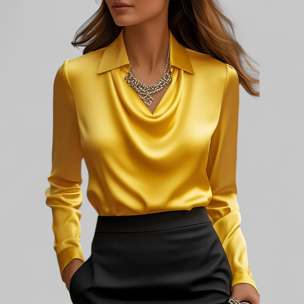Blouse Satin Drapée Avec Encolure Délicate Rose Pour Femmes Manches Longues Élégante Confortable