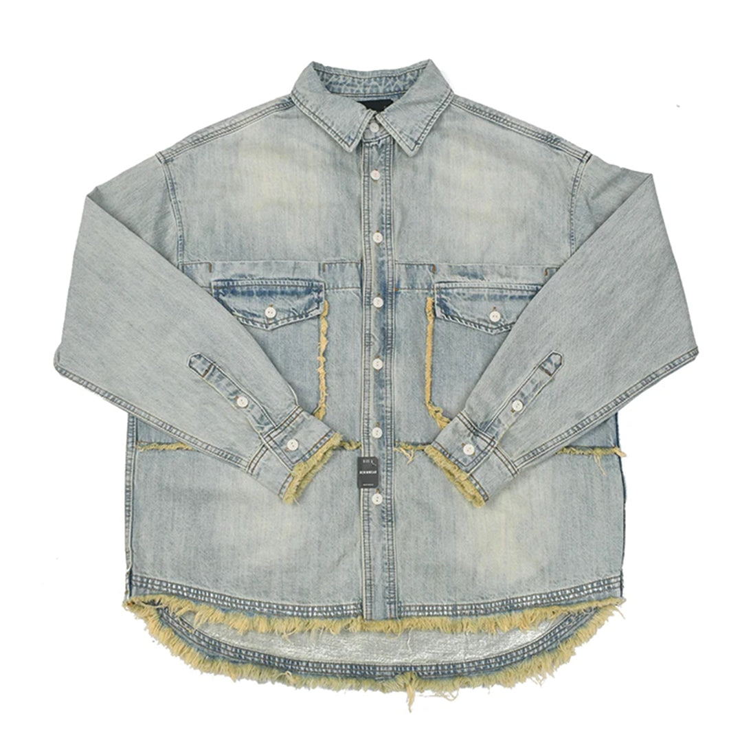 Chemise En Denim Bodega Avec Poches Double Col Revers Ourlets Frangés Et Détails Pompons
