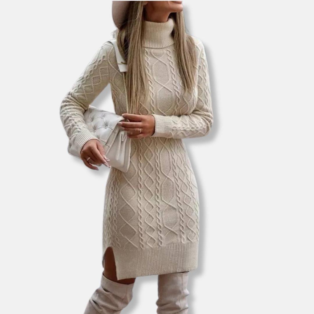 Robe Mini Femme Coupe Slim en Maille Mélangée Laine Col Roulé Manches Longues Fente Latérale Amawinc