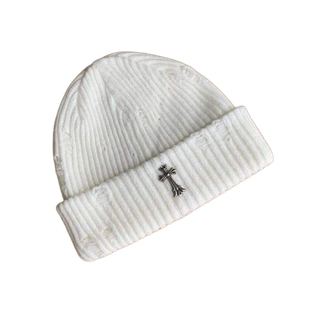 Bonnet Côtelé En Tricot Avec Croix Métal Distress Coton Polyester Pour Temps Froids Style Streetwear Confortable