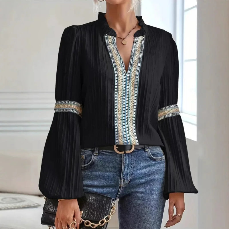 Blouse Nola En Mélange Respirant Avec Plis Et Dentelle Faite À La Main Manches Lantern Et Col Haut