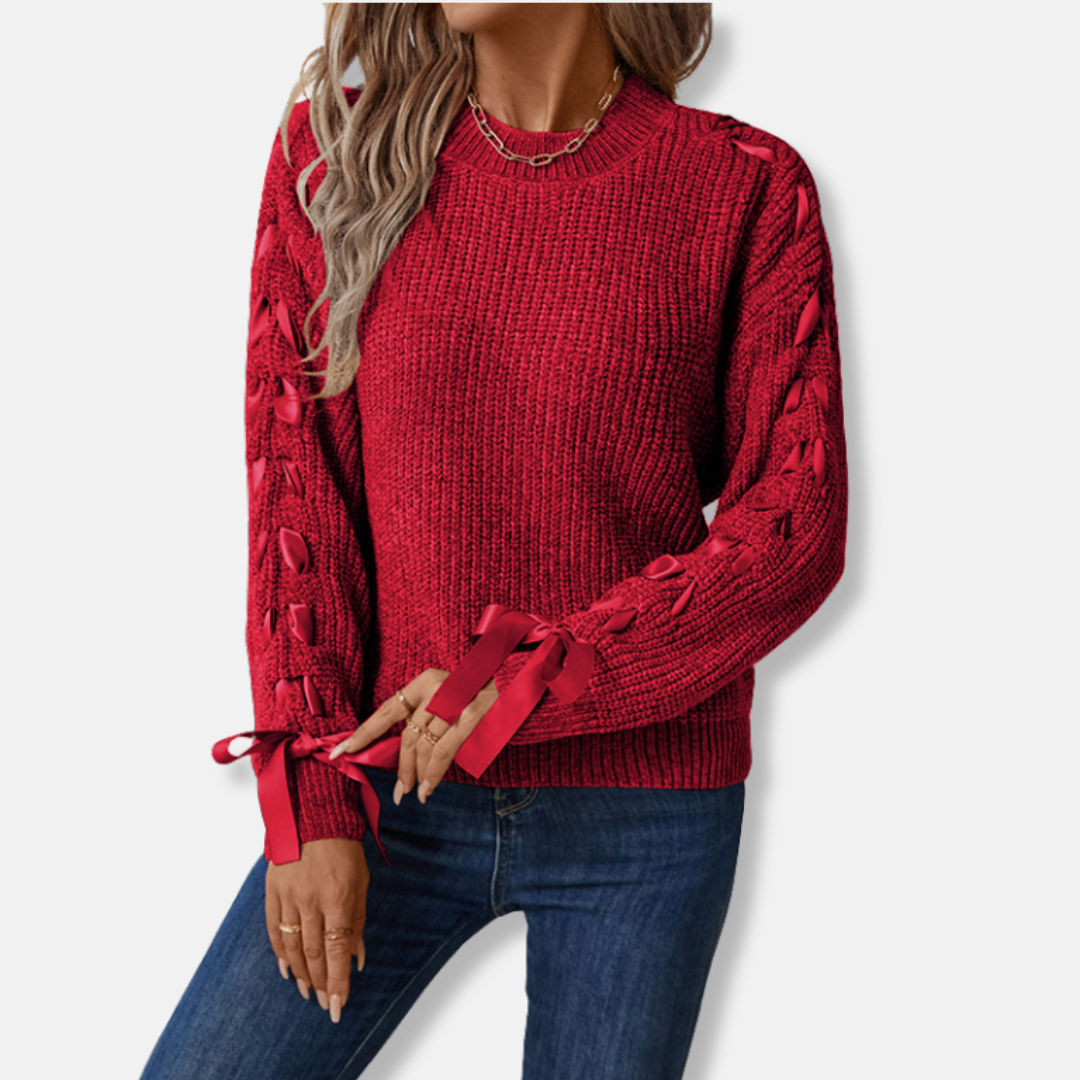 Nordisk Flair Pull Femme Décontracté En Maille Douce Avec Manches Lacées Et Col Ras Du Cou Confortable