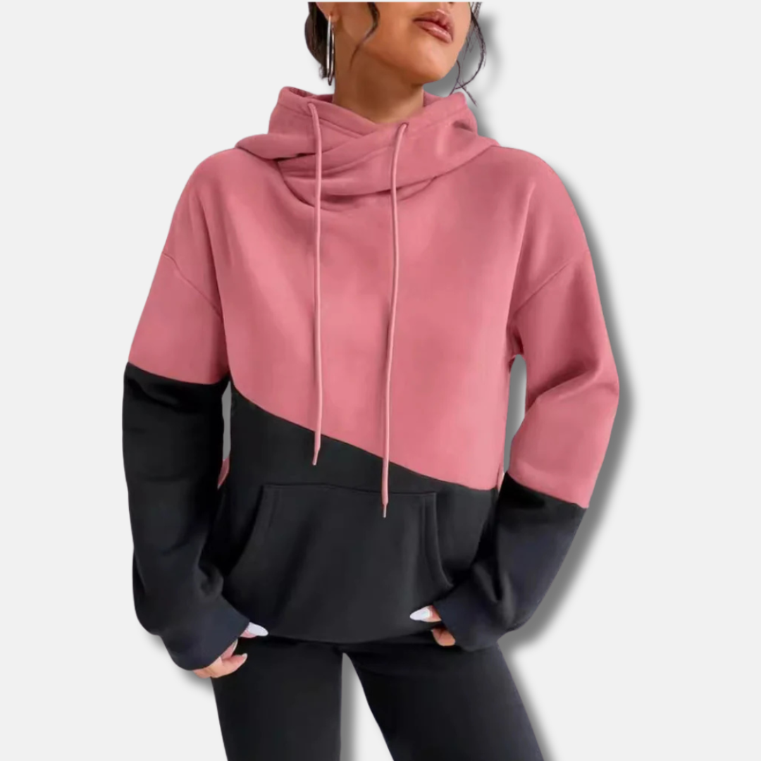 Sweat à Capuche Femme Coupe Décontractée Tissu Tricot Doux Couleur Bicolore Poche Kangourou