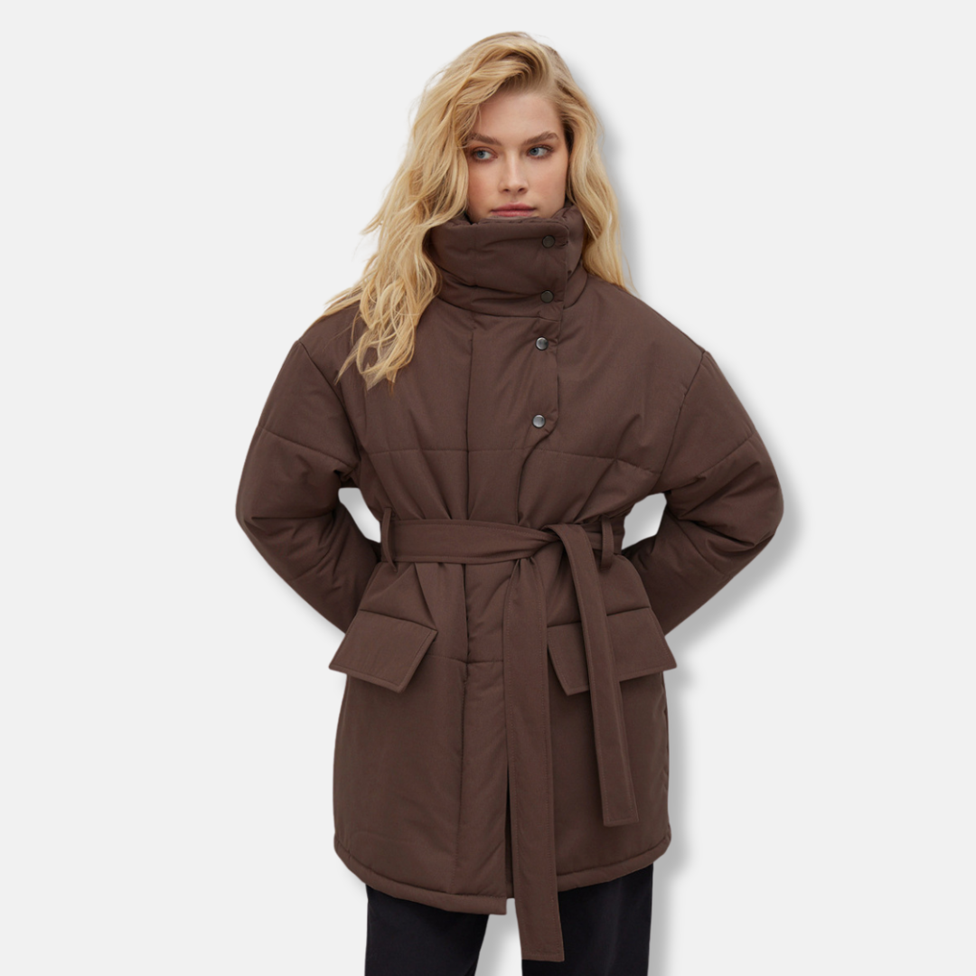 Veste Femme Oversize Col Montant Ceinture Taille Cintrée Pour Saison Hivernale Chic