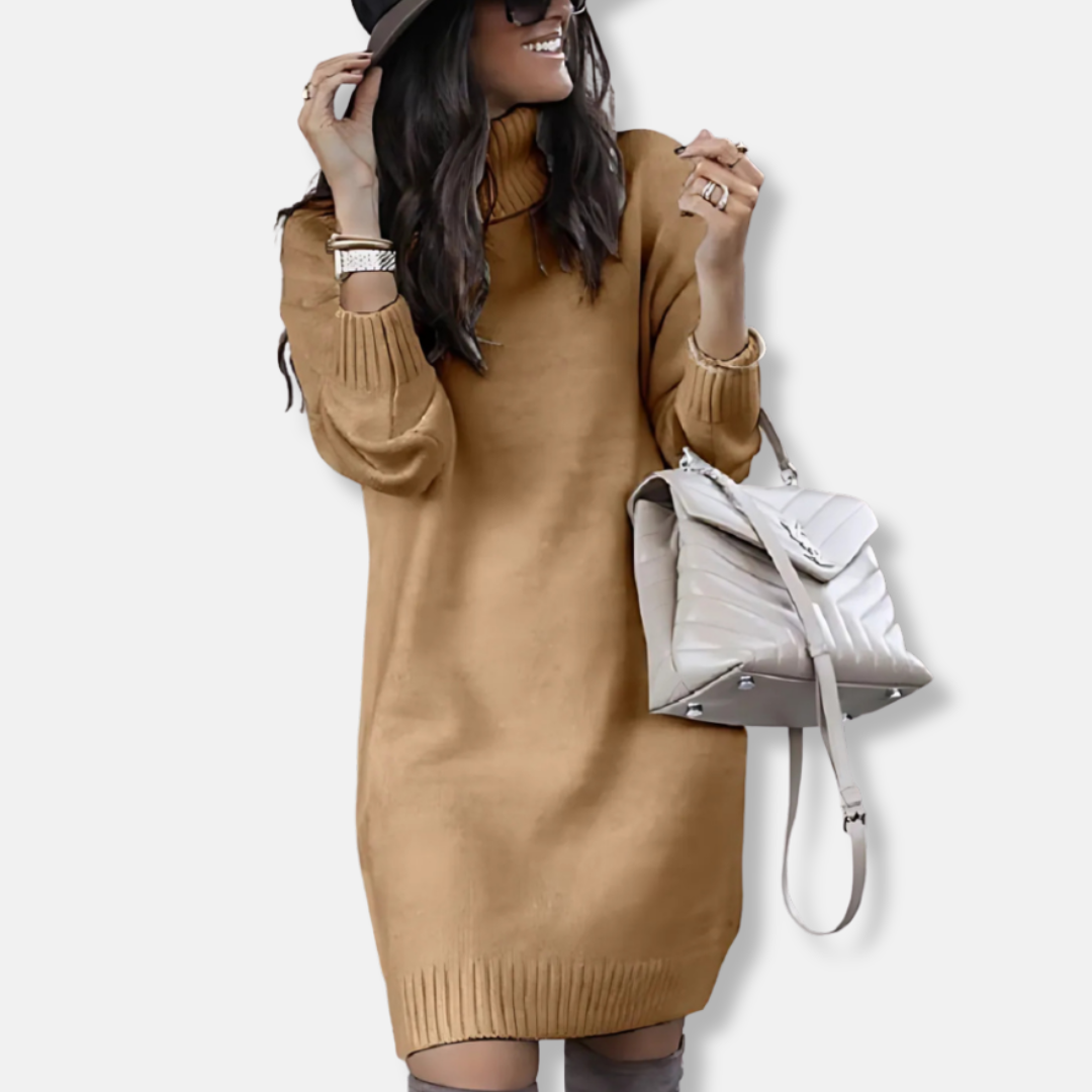 Amawinc Robe Mini En Maille Laine Mélangée Col Roulé Manches Longues Coupe Décontractée Slim