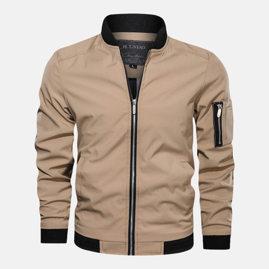 Veste Bomber Homme Coupe Régulière Résistante Au Vent Avec Bord Côtes Et Fermeture Éclair