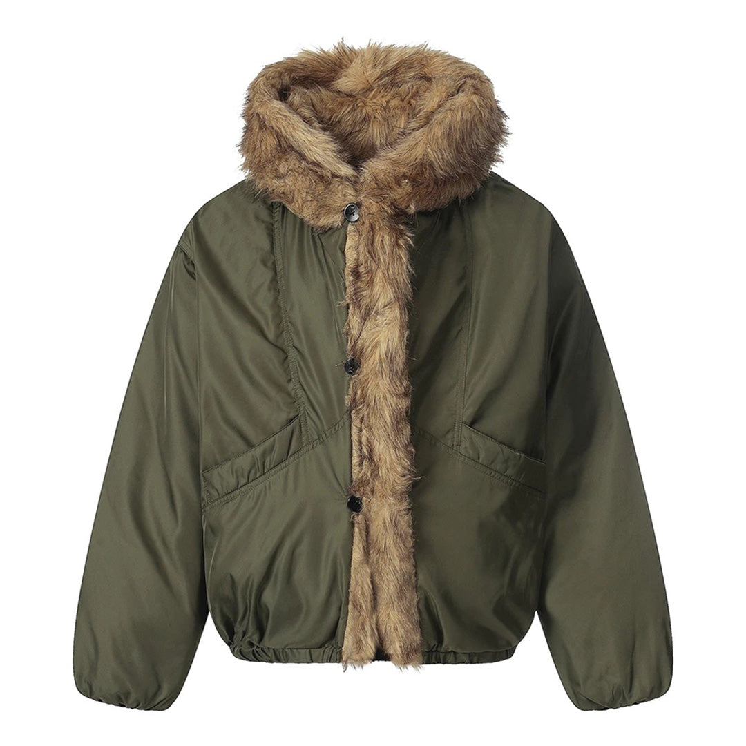 Manteau Noir Terrain en Coque de Nylon Avec Doublure Fourrure Synthétique Capuche et Poches en Biais