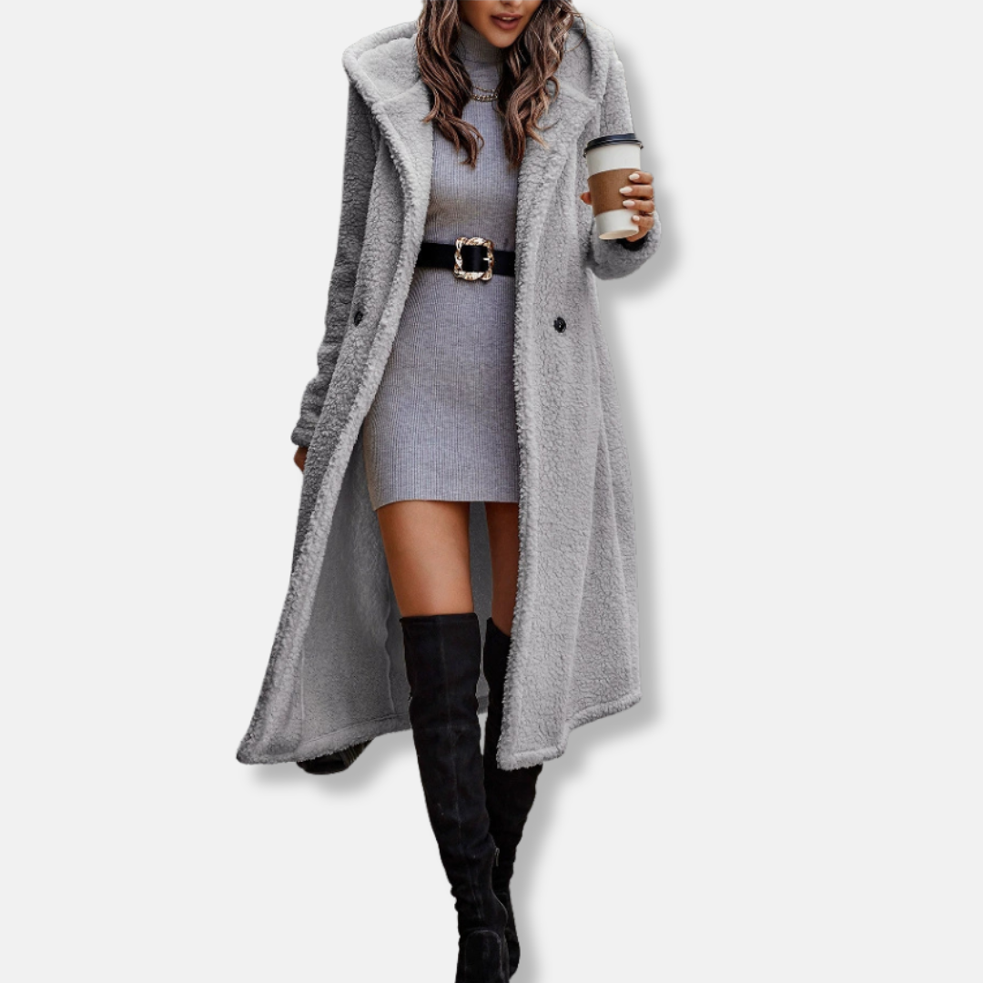 Manteau Long Femme en Peluche Douce Coupe Décontractée Capuche Revers à Encoche Pour Automne Hiver