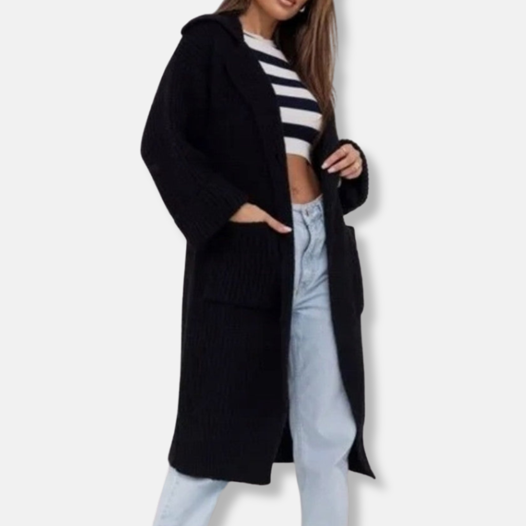 Manteau Long En Maille Pour Femmes Mélange De Laine Coupe Oversized Capuche Texture Côtelée