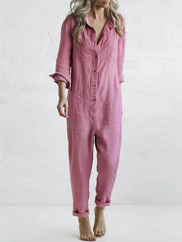 Combinaison Femme En Coton Lin Coupe Ample Manches Longues Fermeture Par Boutons Confort Et Style