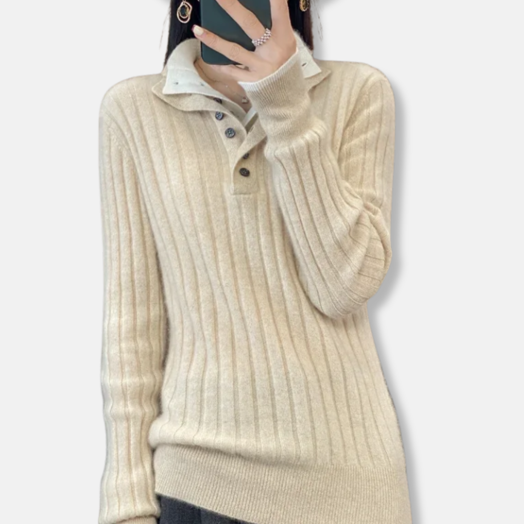 Pull Femme en Maille Côtée Col Polo et Patte à Quatre Boutons Style Décontracté Chic