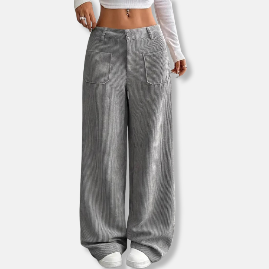 Pantalon Femme Velours Côtelé Coupe Large Taille Haute Avec Poches Plaquées Avant