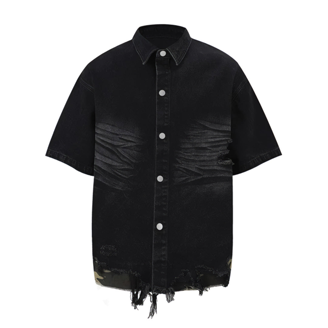 Chemise Denim À Manches Courtes Patrol Fade Clair Avec Ourlets Déchirés Et Panneaux Camouflage