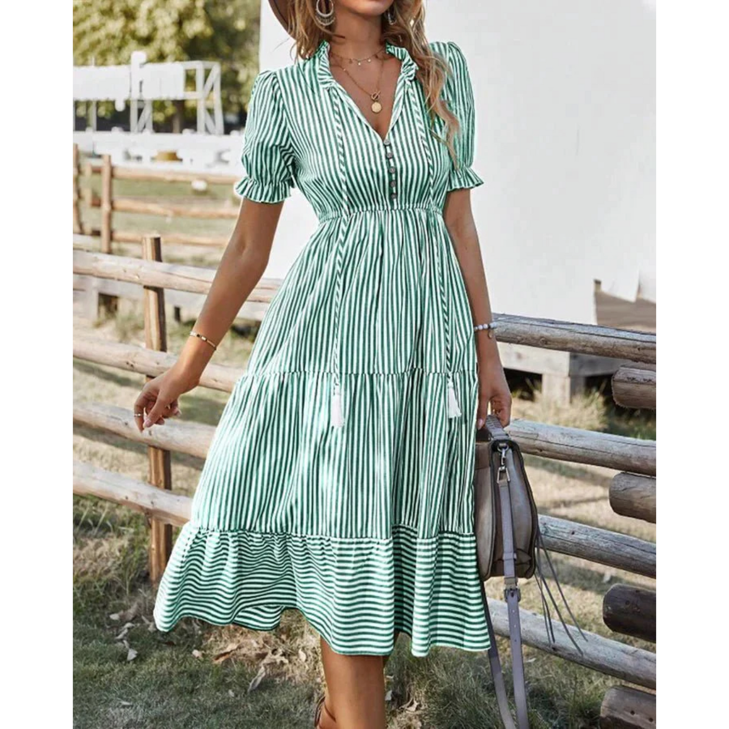 Robe Mi Longue Rayée Pour Femme Amawinc Col V Fermeture Par Boutons A Ligne Manches Bouffantes Courtes