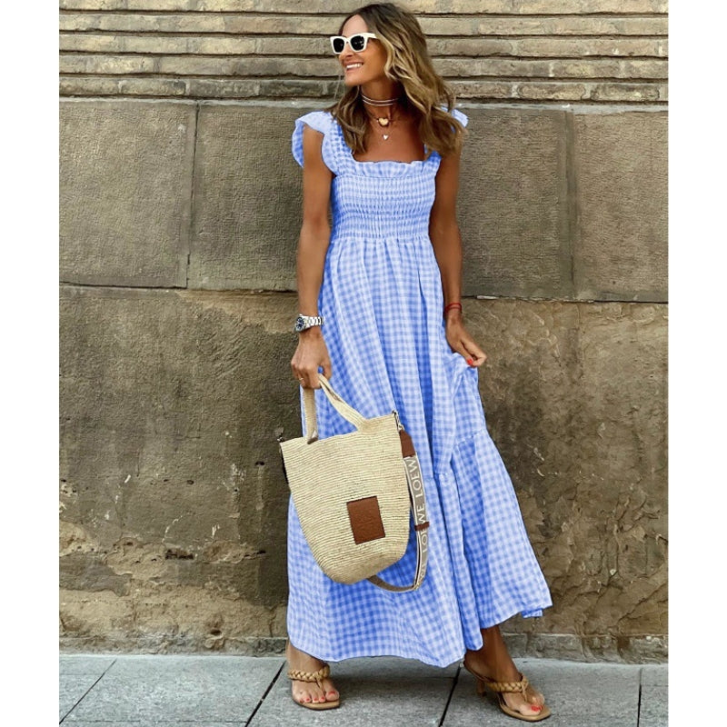 Robe Maxi Anovia En Coton Léger À Carreaux Plaid Avec Corsage Smocké Et Silhouette Confortable Amawinc