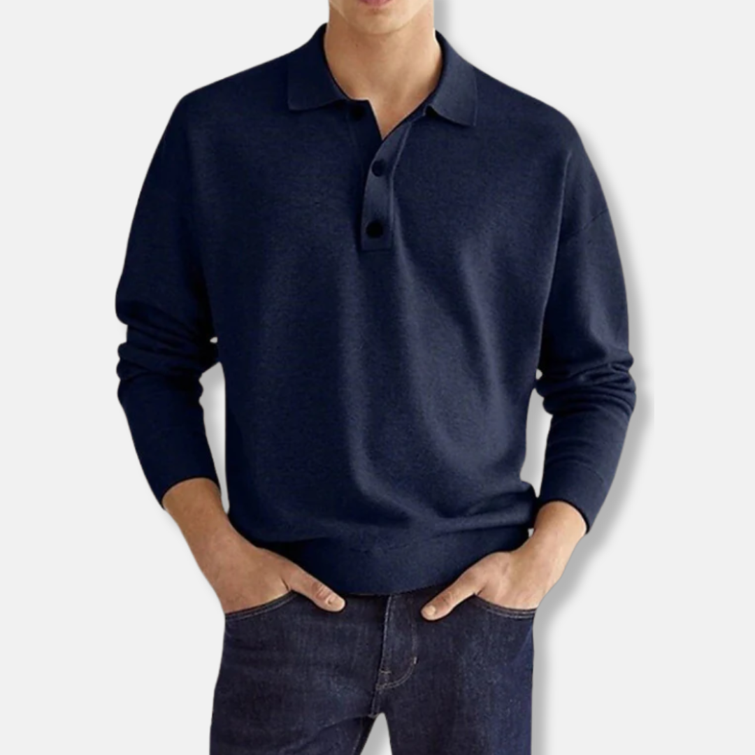 Pull Mélange de Coton Col Polo Manches Longues Coupe Décontractée Style Smart Casual