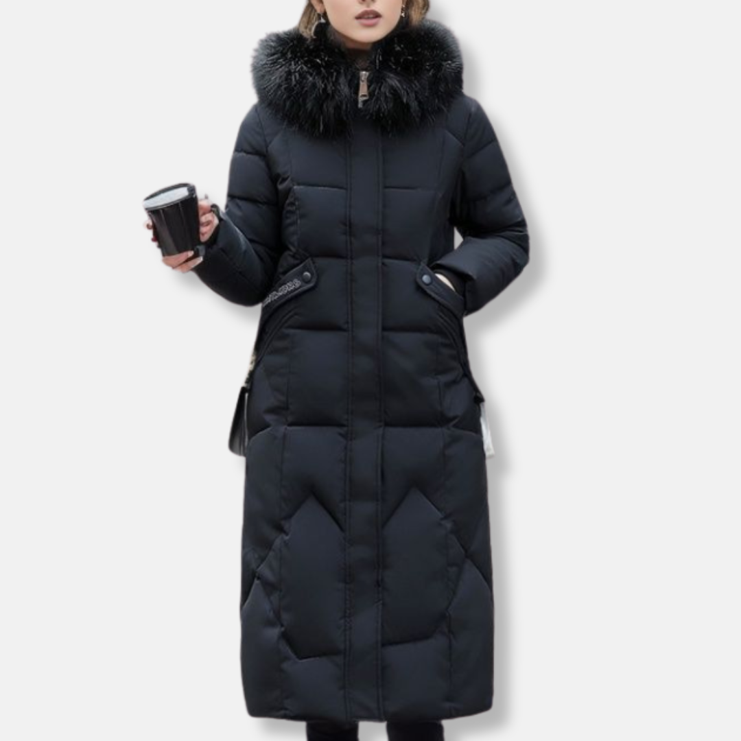 Manteau Long Matelassé Femme Coupe Slim Col Fourrure Détachable Élégant et Chaud