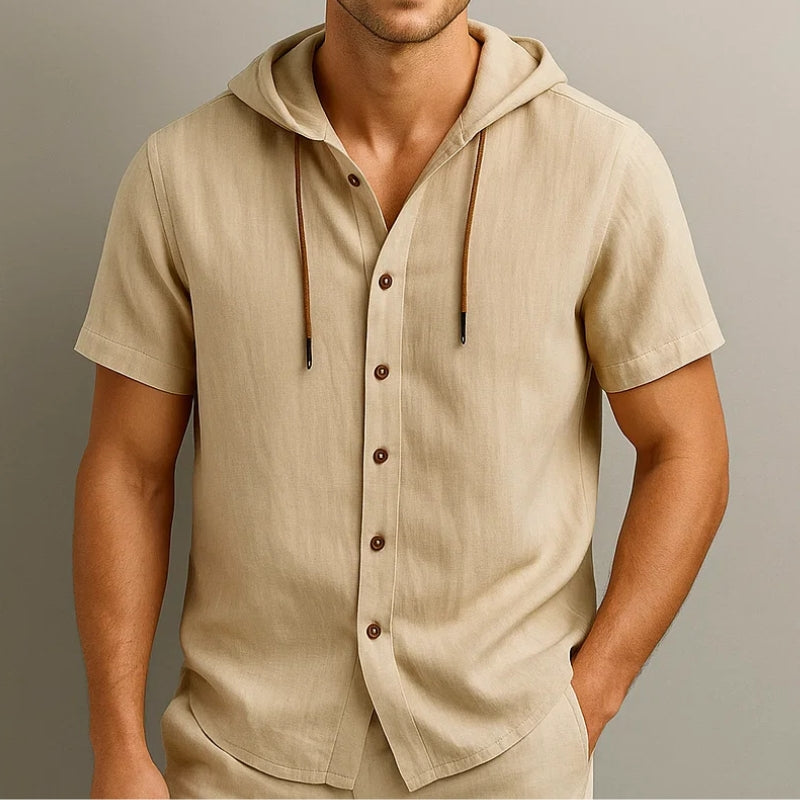 Chemise À Capuche En Mélange Coton-Lin Léger Avec Manches Courtes Avec Cordon Et Ourlet Courbé