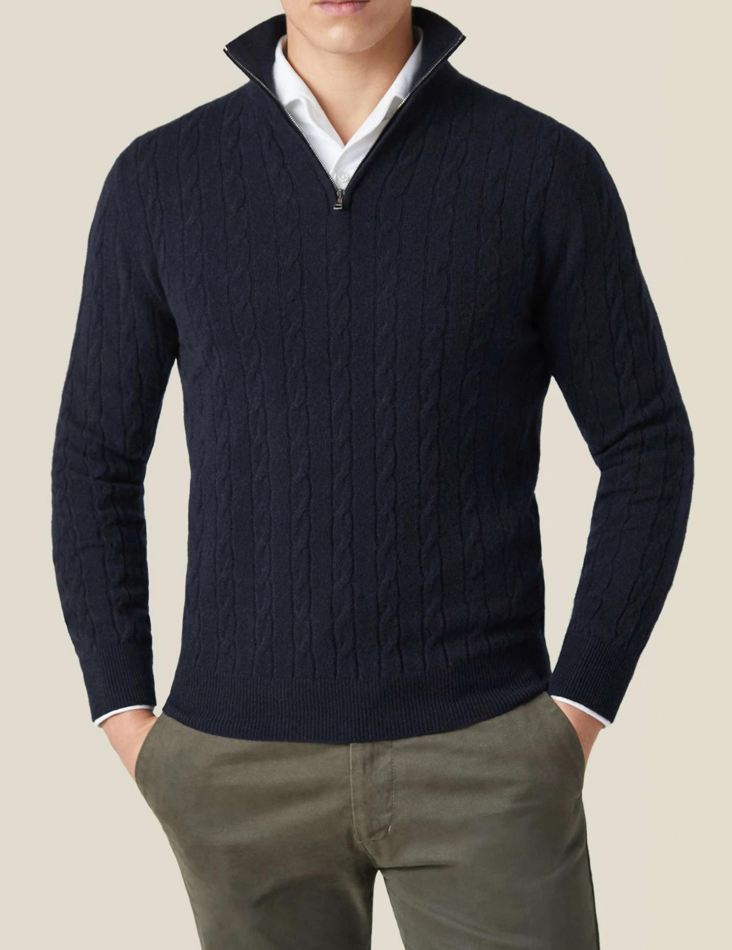 Pull Torsadé En Mélange Laine Avec Zip Demi Pour Style Smart Casual et Confort Quotidien