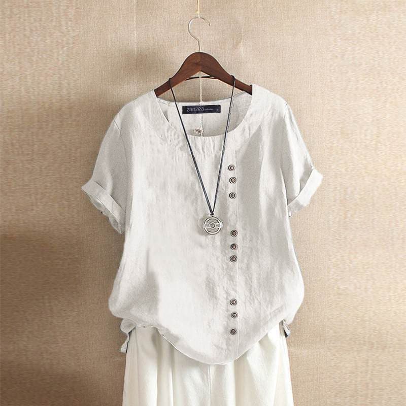 Blouse Femme Décontractée En Mélange Coton Manches Courtes Boutons Devant Asymétriques Nordisk Flair