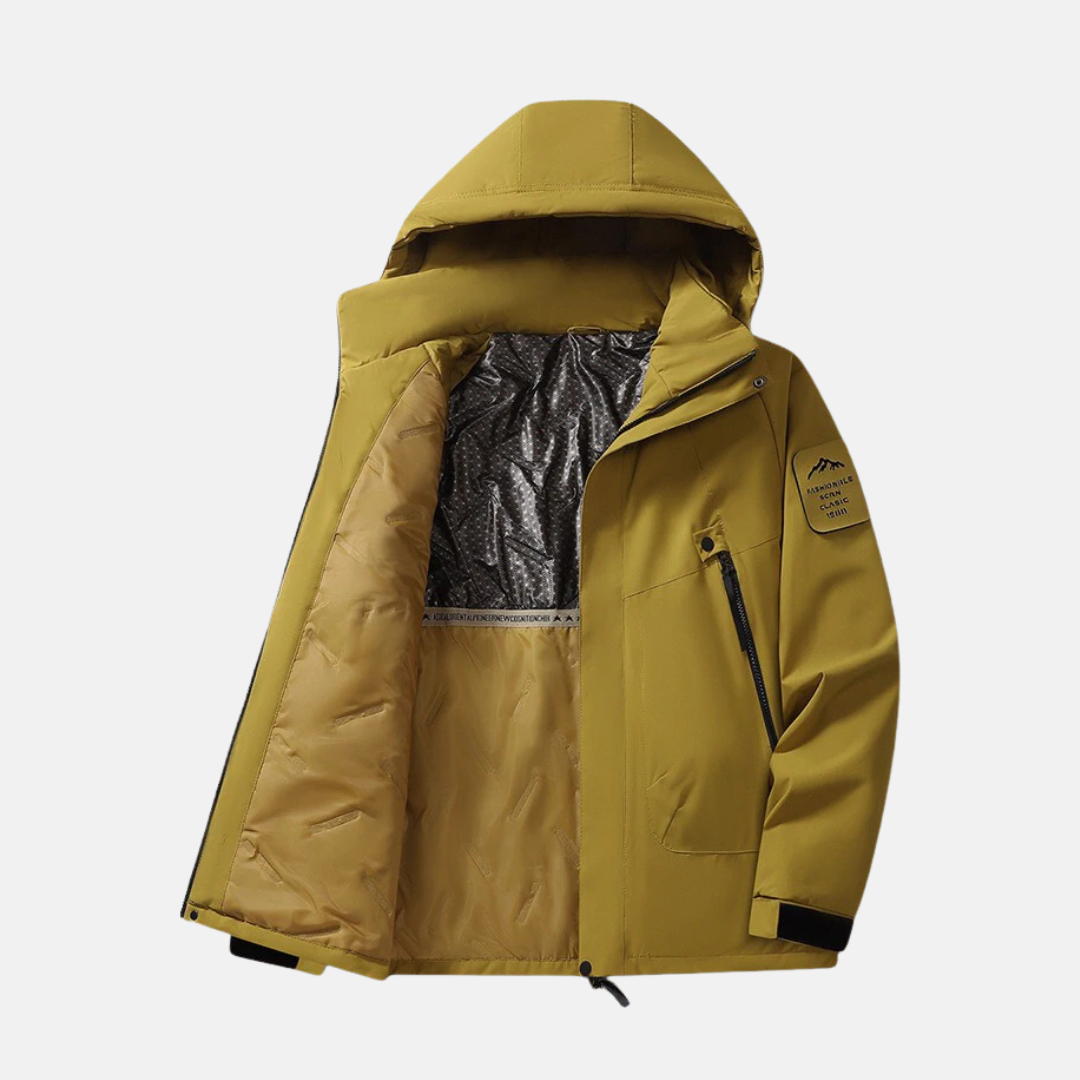 Manteau Homme Capuche Col Montant Tissé Mélange Longueur Mi-Hanches Poignets À Pressions Pour Hiver