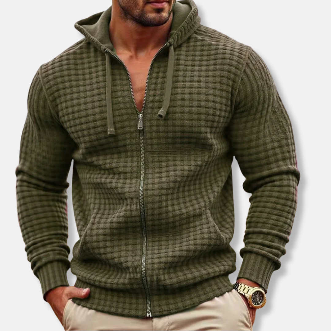 Sweat à Capuche Zippé pour Homme en Mélange de Coton Coupe Regular avec Motif Grille Texturée pour Style Quotidien