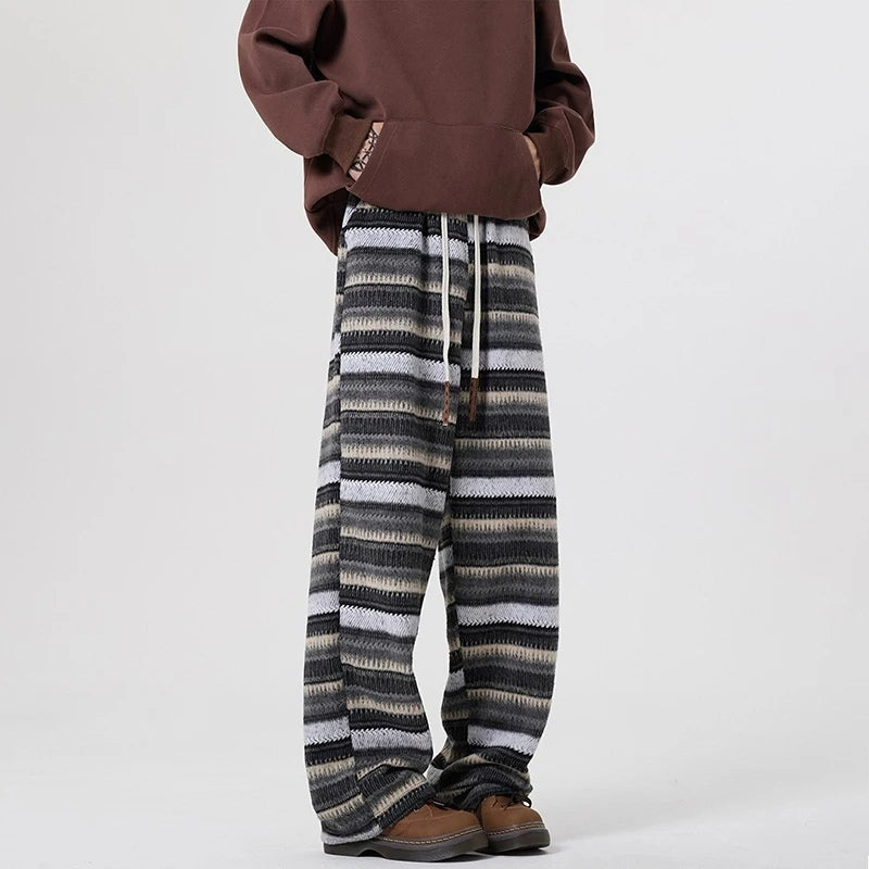 Pantalon en Laine Tricotée à Rayures Décontracté Style Années 90 Taille Ajustable Lavable en Machine