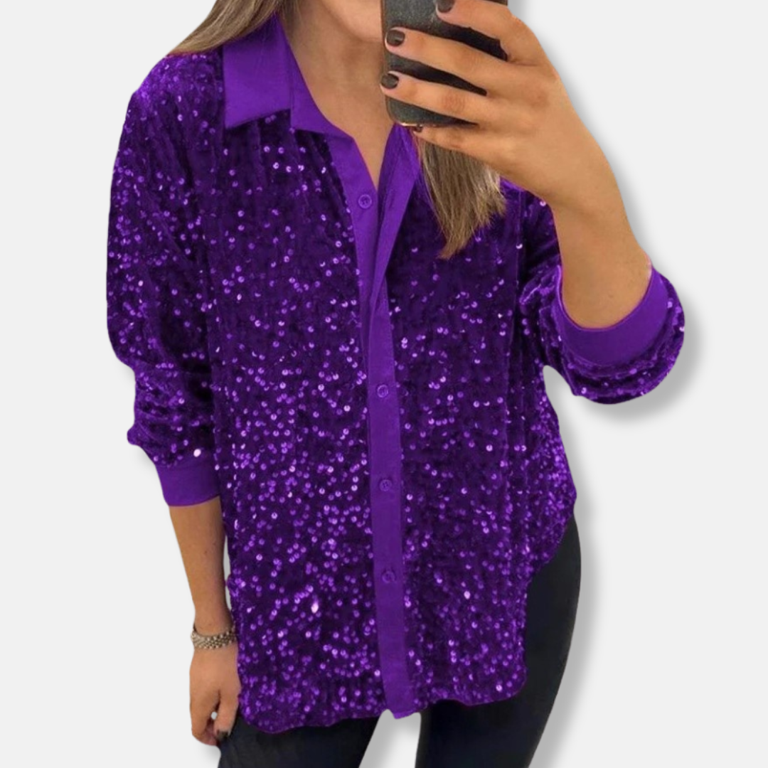 Chemise à Sequins Pour Femme Coupe Décontractée Boutonnée Manches Longues Haut de Soirée