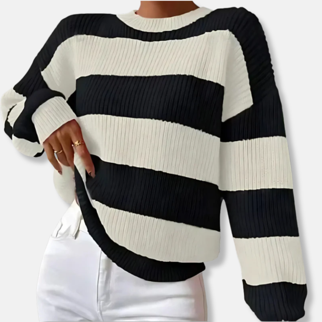 Sweat Femme En Maille Côtelée Coupe Décontractée Manches Ballon Col Rond Rayé Pour Femme