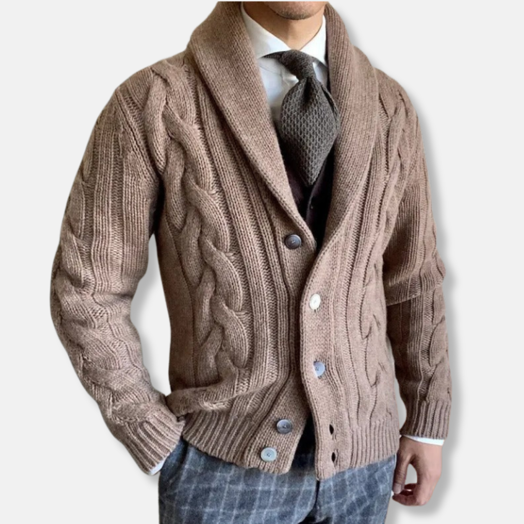 Cardigan Homme En Maille Câble Avec Col Châle Tricot Effet Laine Coupe Classique Moderne Confort