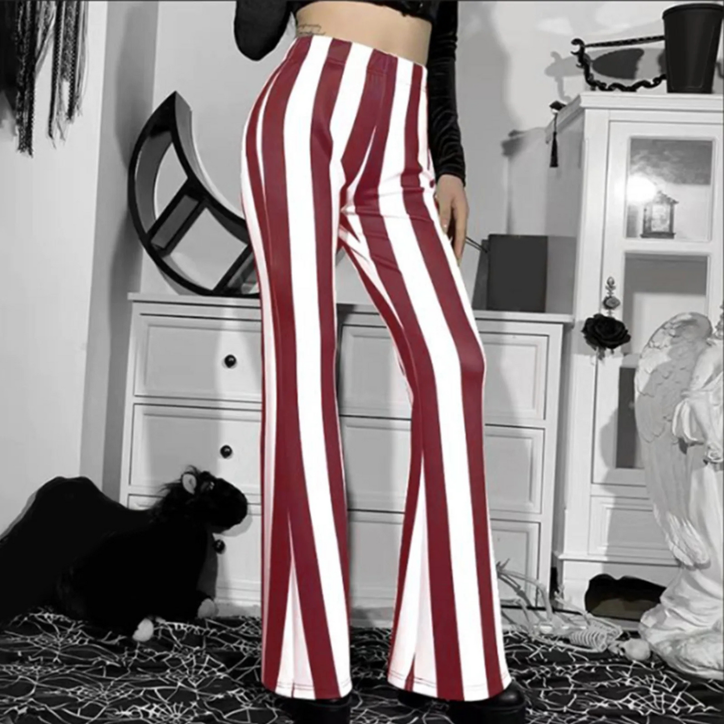 Pantalon Évasé Femme Taille Haute Tissu Extensible Rayures Verticales Confort Et Élégant