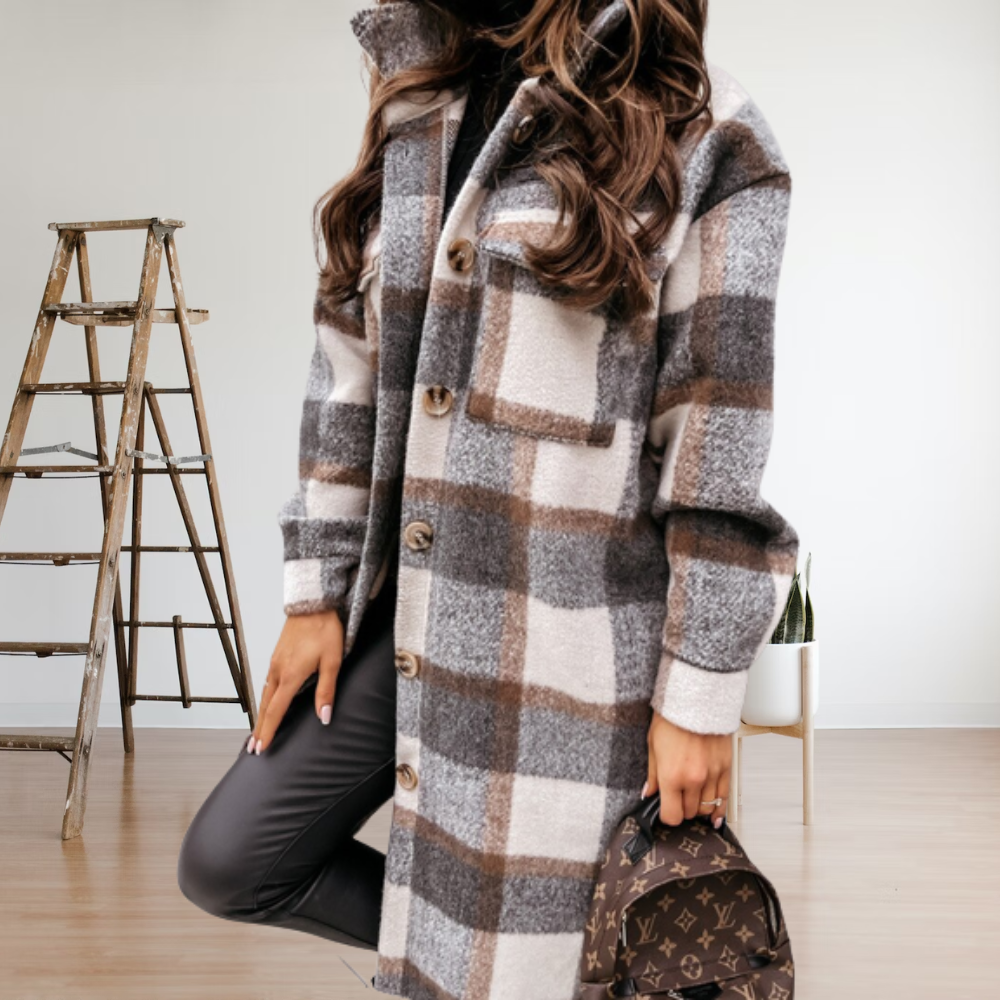 Manteau Femme En Mélange De Laine Amawinc Longue Silhouette Motif À Carreaux Fermeture À Boutons Classique