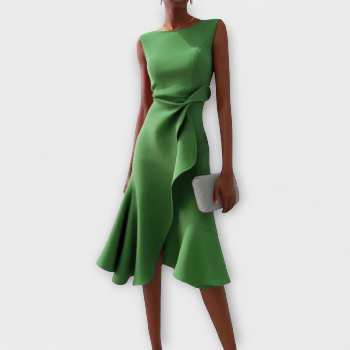 Adeline Robe de Cocktail Sans Manches Midi Avec Volant Asymétrique et Taille Cintrée Amawinc