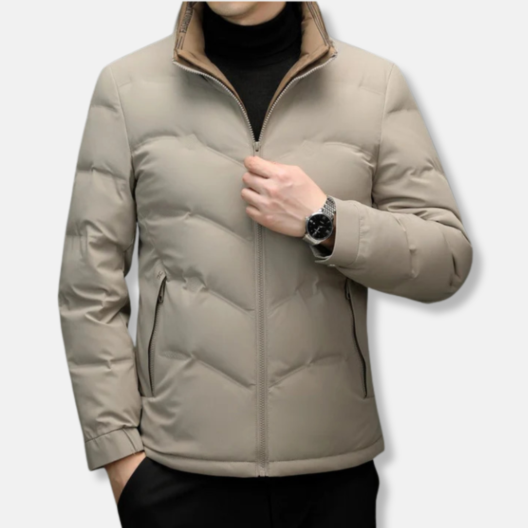 Veste Homme En Tissu Tissé Quilté Motif Chevron Poches Zippées Col Montant Chaud Pour Hiver Confortable