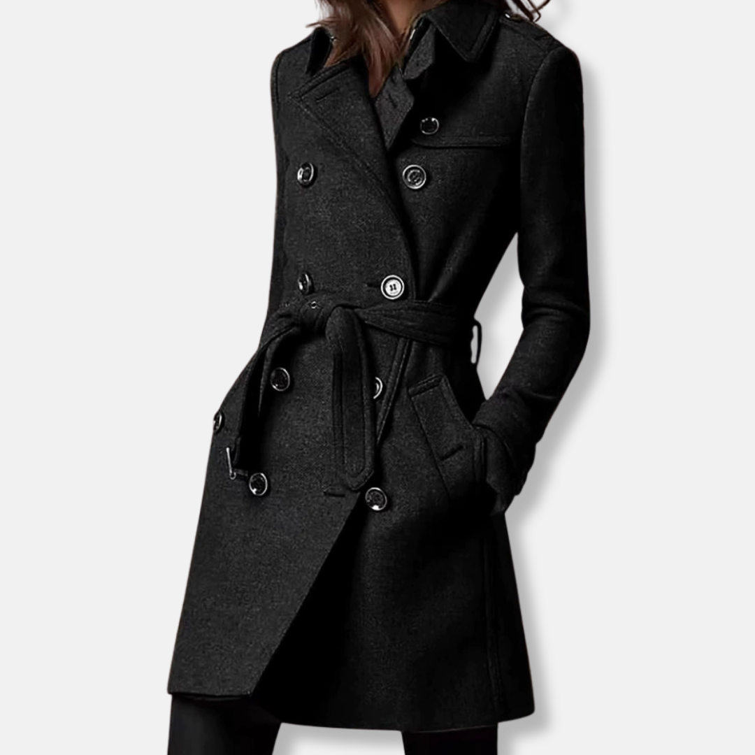 Manteau Femme Slim Fit Mélange De Laine À Double Boutonnage Ceinture Longueur À Mi Cuisse