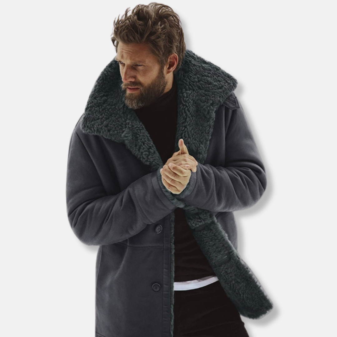 Manteau Homme Nordisk Flair En Mélange De Laine Avec Col En Shearling Coupe Décontractée Longueur Mi-Cuisse Vert
