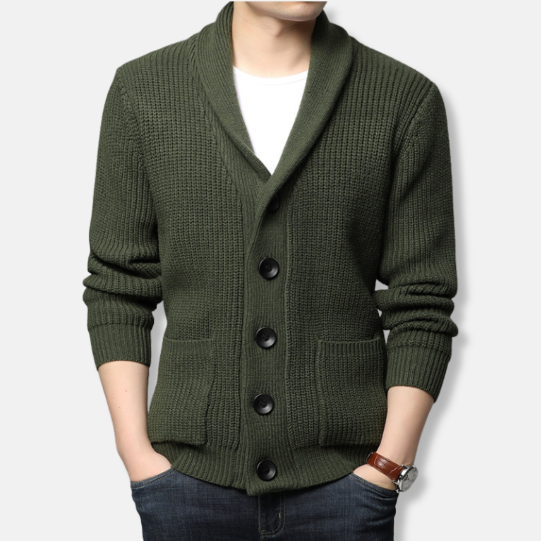 Cardigan Homme En Maille Côtée Avec Col Châle Boutonné Et Poches Plaquées Pour Une Élégance Décontractée