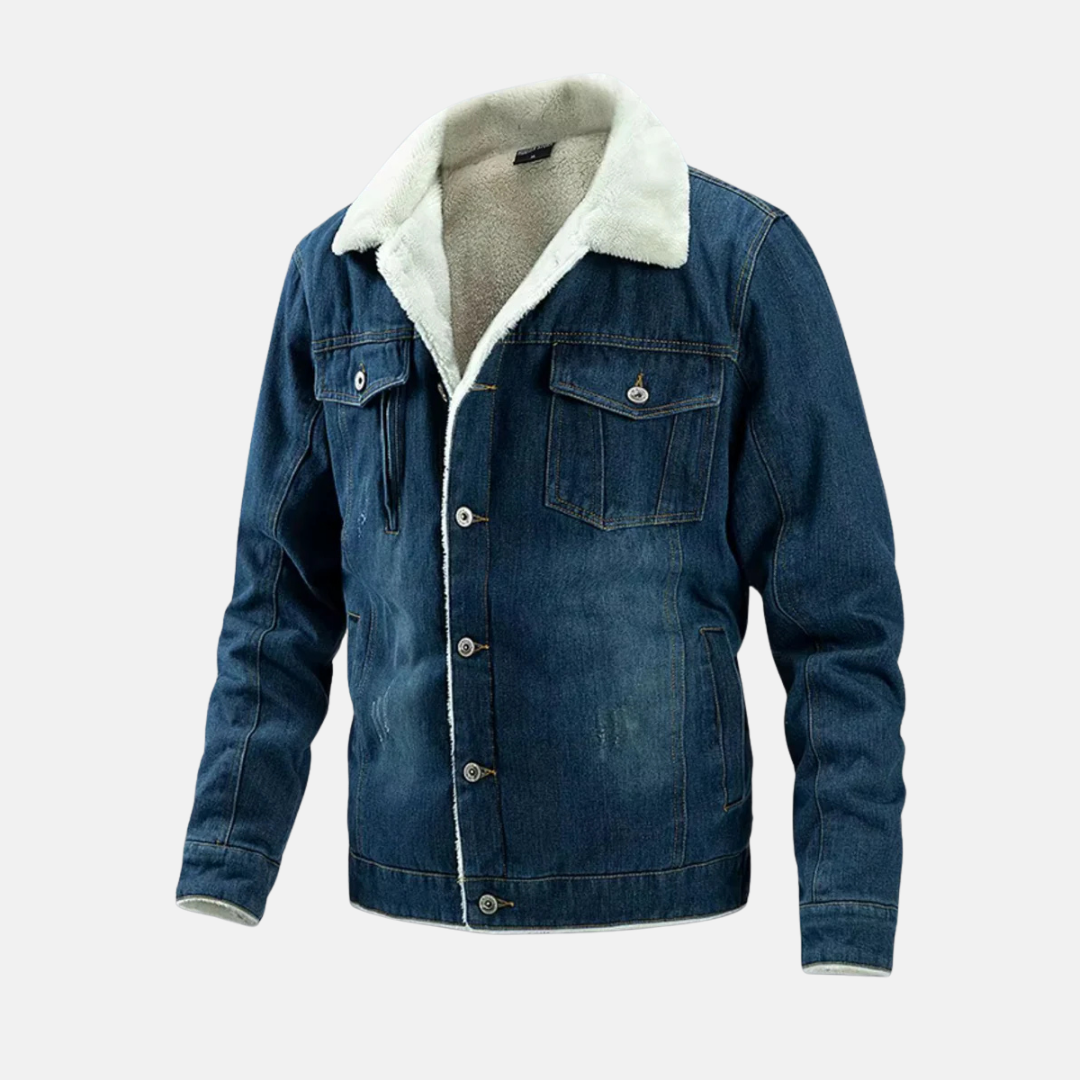 Veste Denim Homme À Longueur Hip Avec Doublure Sherpa Synthétique Poches Effet Usé Fermeture Boutons Devant