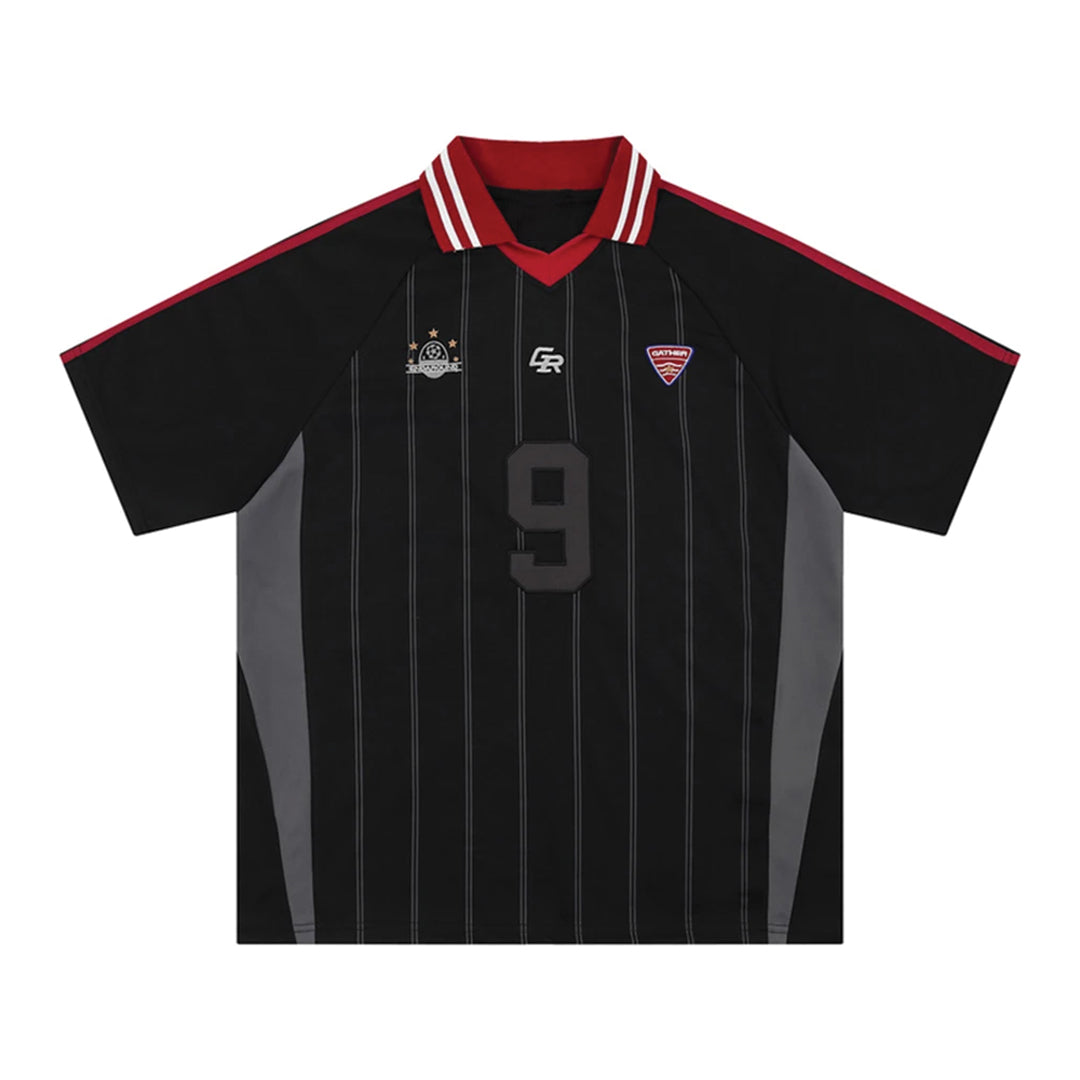 Jersey À Rayures Pinstripe No 9 En Coton Mélangé Respirant Coupe Décontractée Col Chemise Avec Broderie Numéro 9